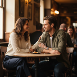 Attractive woman and man in their 30s enjoying drinks at a British pub, natural candid moment