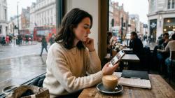 Young woman in a London cafe checking a dating app on her phone, weighing whether to upgrade