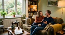 A couple sitting together on a sofa, the woman looking thoughtfully at the man - signs of deeper feelings in a friends with benefits arrangement