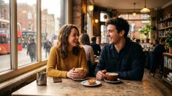 Two friends laughing over coffee in a cosy London cafe, illustrating a healthy friends with benefits dynamic