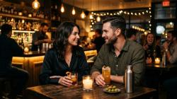 Couple sharing a look across a candlelit bar table on a casual date