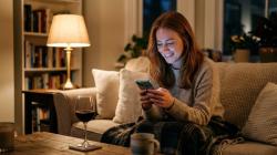 Woman in her late twenties smiling at her phone in a softly lit British apartment, illustrating a sexting conversation between casual partners