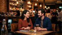 Two adults on a casual date at a London bar