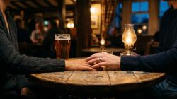 Two hands touching across a wooden pub table in a cosy British pub